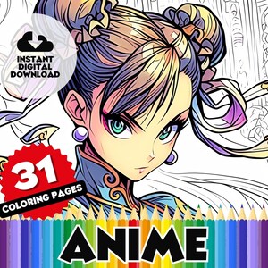 Anime Coloring Page - 31 Page Coloring Book, Printable Pages: Japanese Cartoon Anime Sheets, Japan Anime Digital Download