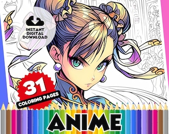 Anime Coloring Page - 31 Page Coloring Book, Printable Pages: Japanese Cartoon Anime Sheets, Japan Anime Digital Download