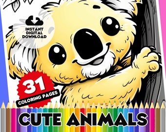 Cute Animals Coloring Pages - 31 Page Themed Digital Animal Coloring Book, multiple designs and styles to color, perfect for home schooling