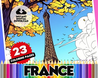 France Coloring Book Pages - 23 Page Digital Colouring Book, Printable Sheets: Iconic Landmarks, Culture, History and French Art
