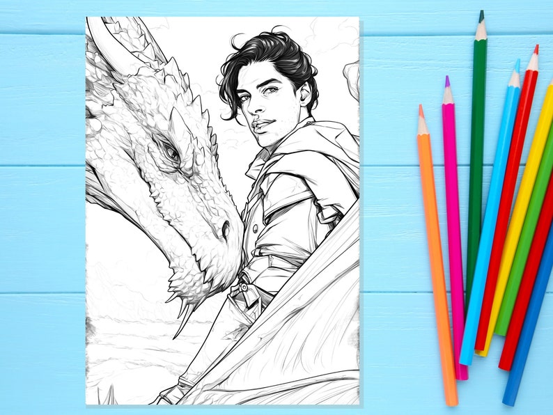 May include: A black and white line drawing of a person with dark hair and a dragon. The person is wearing a cloak and is looking at the dragon. The dragon is looking at the person. The drawing is on a white background.