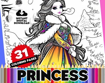 Princess Coloring Book, 31 Page Printable PDF, Themed Digital Colouring Pages, Multiple designs and styles to color, perfect for school kids