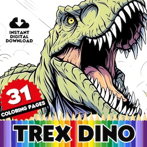 T-Rex Coloring Pages - 31 Page Digital Coloring Book for Dinosaur Fans, Variety of Designs and Styles to color, Perfect for Kids
