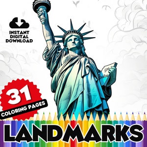 Famous Landmarks Coloring Book Pages - 31 Page Digital Colouring Printable Sheets: Iconic World Landmarks, Great fun for Kids to Color