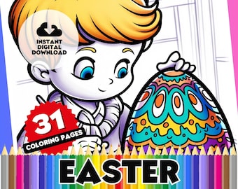 Easter Coloring Pages, 31 Page Printable PDF, Themed Digital Colouring Book, multiple designs and styles to color, perfect for school kids