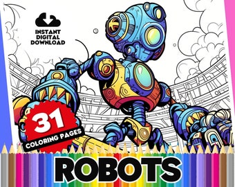 Robot Coloring Book Pages - 31-Page Digital Colouring Book, Printable Sheets: Retro Androids, Cute Robots, Droids and Machines, Fun for Kids