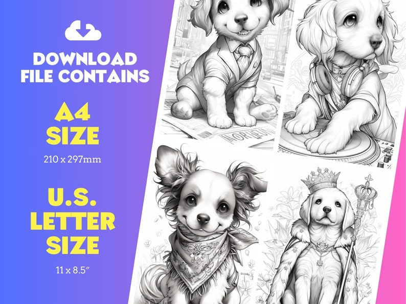 Pode incluir: Quatro ilustra&ccedil;&otilde;es em preto e branco de c&atilde;es em poses diferentes. O primeiro c&atilde;o est&aacute; vestindo um terno e gravata, o segundo c&atilde;o est&aacute; vestindo fones de ouvido e est&aacute; em uma mesa de DJ, o terceiro c&atilde;o est&aacute; vestindo uma bandana e o quarto c&atilde;o est&aacute; vestindo uma coroa e uma t&uacute;nica.
