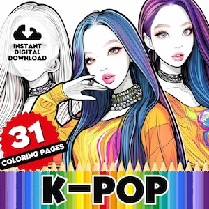 K-Pop Coloring Book Pages - 31 Page Digital Colouring Book, Printable Colouring Sheets, Instant K Pop Fun! Inspired by Korean Pop Stars