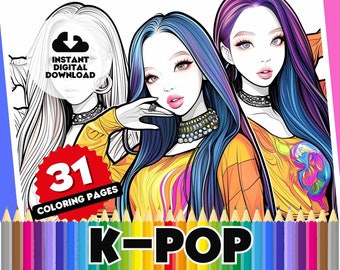 K-Pop Coloring Book Pages - 31 Page Digital Colouring Book, Printable Colouring Sheets, Instant K Pop Fun! Inspired by Korean Pop Stars