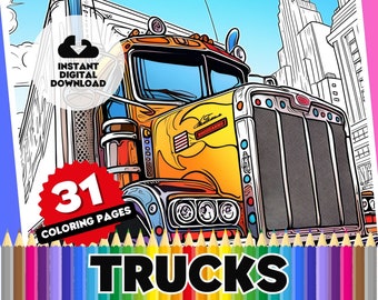 Trucks and Lorry Coloring Book Pages - 31 Page Digital Colouring Book, Printable Sheets: Semis, Big Trucks, Fire Engine, Lorries, Excavators