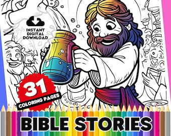 Bible Stories Coloring Pages - 31 Page Religious Themed Digital Colouring Book, Jesus, Moses, Noah, Joseph and More, Perfect for School Kids