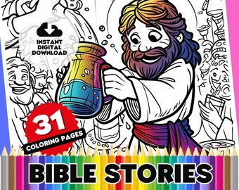 Bible Stories Coloring Pages - 31 Page Religious Themed Digital Colouring Book, Jesus, Moses, Noah, Joseph and More, Perfect for School Kids