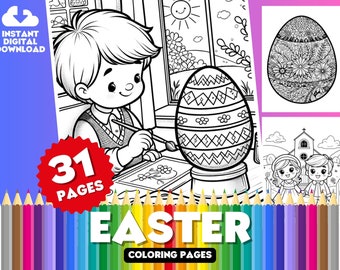 Pagine da colorare di Pasqua, PDF stampabile di 31 pagine, libro da colorare digitale a tema, molteplici disegni e stili da colorare, perfetti per i bambini in età scolare