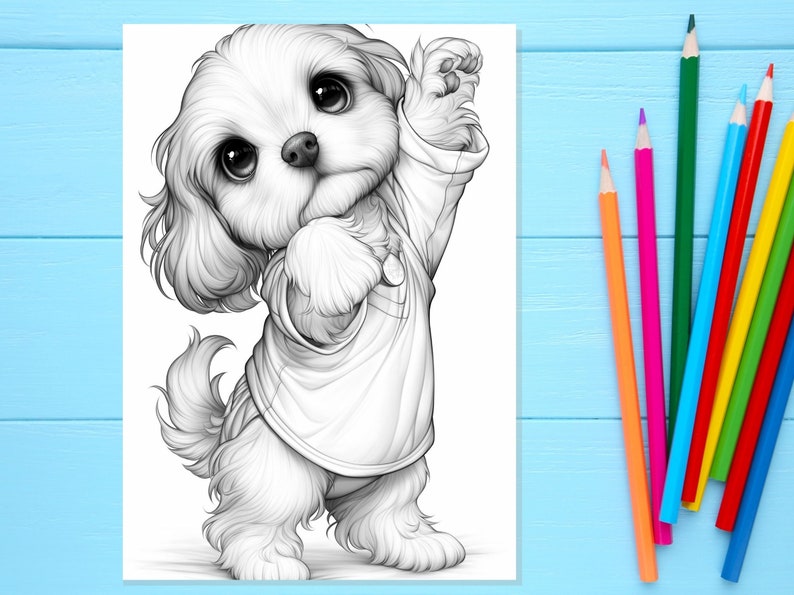 Pode incluir: Um desenho a preto e branco de um c&atilde;o pequeno a usar uma t-shirt. O c&atilde;o est&aacute; em p&eacute; sobre as suas patas traseiras com as patas da frente levantadas. O c&atilde;o tem olhos grandes e uma express&atilde;o fofa.