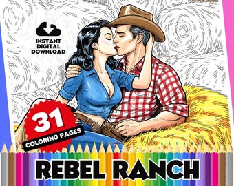 Western Romance Coloring Book – Rebel Blue Ranch Series, Retro Art (PDF Pattern)