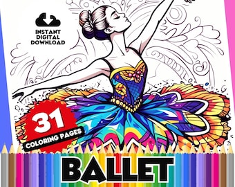 Ballet Dancing Coloring Pages For Kids - 31 Page Themed Digital Colouring Pack, Printable Ballerina Colouring Book, Instant Download Sheets