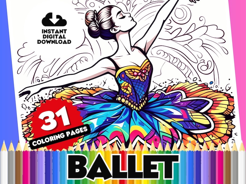 Pagine da colorare per bambini di danza classica Pacchetto da colorare digitale a tema di 31 pagine, libro da colorare stampabile della ballerina, fogli a download istantaneo immagine 1