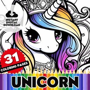 Unicorn Coloring Pages - 31 Page Themed Digital Unicorn Colouring Book, Variety of Unicorns to color, perfect for Kids and home schooling