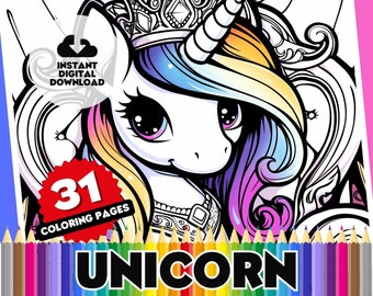 Unicorn Coloring Pages - 31 Page Themed Digital Unicorn Colouring Book, Variety of Unicorns to color, perfect for Kids and home schooling