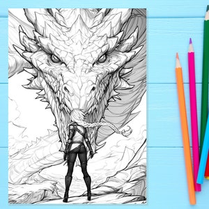 May include: A black and white line drawing of a dragon with a woman standing in front of it. The dragon's head is facing the woman, and its mouth is open. The woman is wearing a long-sleeved shirt and pants. The background is a rocky landscape.