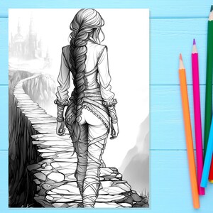 May include: A black and white line drawing of a woman with long braided hair walking away from the viewer on a stone path. The path is winding up a cliff face and there is a castle in the distance.