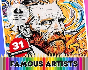 Famous Artists Color Book - 31 Page Art Masterpieces Colouring Pages, Mona Lisa, Vincent van Gogh, Renoir & more - Adult Style Color Sheets