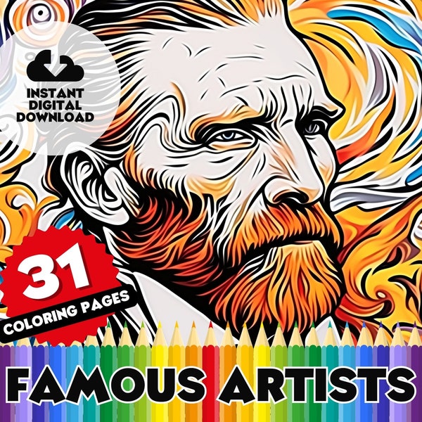 Famous Artists Color Book - 31 Page Art Masterpieces Colouring Pages, Mona Lisa, Vincent van Gogh, Renoir & more - Adult Style Color Sheets