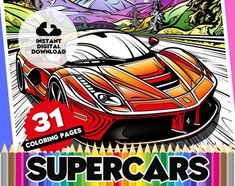 Supercars Coloring Book Pages - 31 Page Digital Colouring Book, Printable Sheets: Lamborghini, Ferrari, Porsche, Street Racing, Bugatti