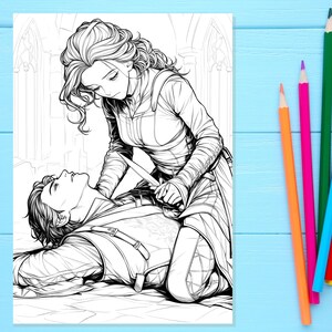 May include: Black and white line art illustration of a woman holding a knife over a man lying on the ground. The woman is wearing a long-sleeved shirt and pants. The man is wearing a shirt and pants. The background is a church interior.