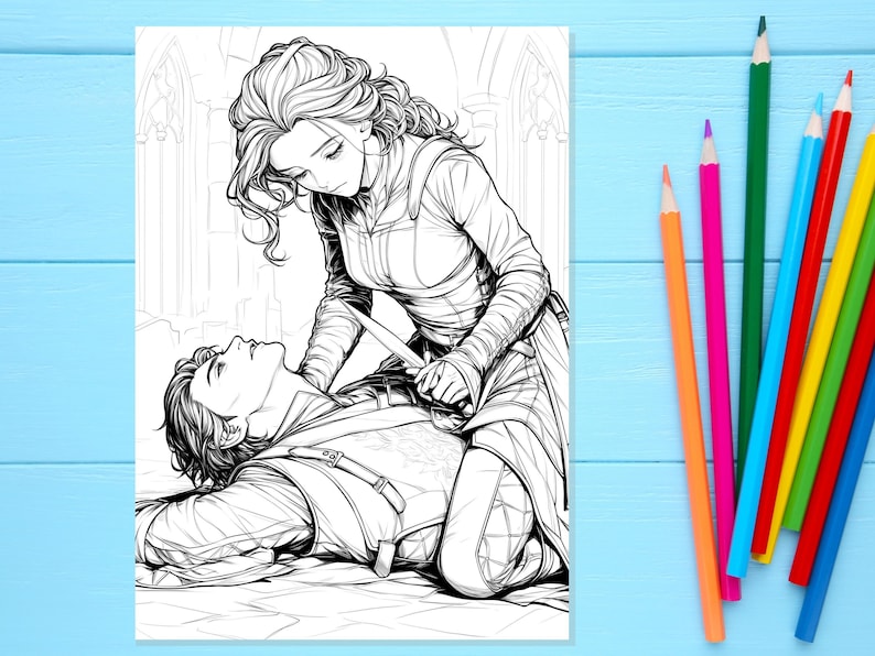 May include: Black and white line art illustration of a woman holding a knife over a man lying on the ground. The woman is wearing a long-sleeved shirt and pants. The man is wearing a shirt and pants. The background is a church interior.