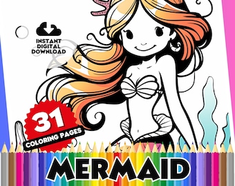 Mermaid Coloring Pages - 31 Page Themed Digital Mermaids Colouring Book, Variety of Designs and Sheets to color, Perfect for Kids