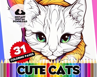 Cute Cat Coloring Pages for Kids, 31 Page Digital Coloring Book, Printable Sheets: Printable Cat Art, Pet Fun, Creative Art Coloring