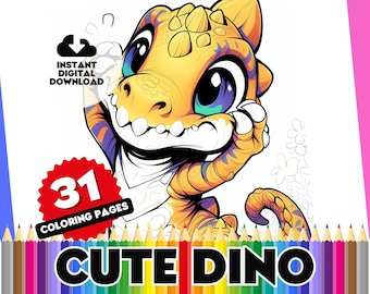 Cute Dinosaur Coloring Pages for Kids, 31 Page Digital Coloring Book, Printable Sheets: Printable Dino Art, Creative Colouring