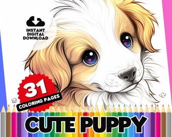 Puppy Coloring Book, 31 Playful Pages (Digital Download)