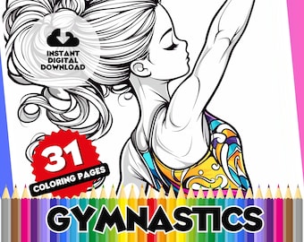 Gymnastics Coloring Book for kids, 31 Page Digital Colouring Pages, Variety of Sheets, Styles and Gymnast to color, perfect for home school