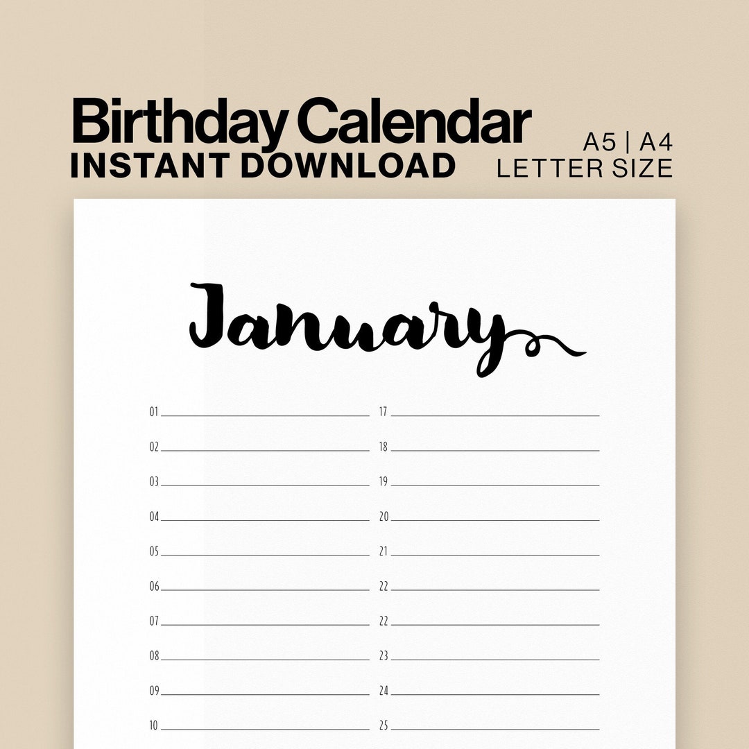 Printable Birthday Calendar List, Birthday Tracker, Birthday List ...