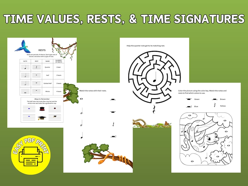 Time Values, Rests, and Time Signatures - PDF Printable - Music Theory ...