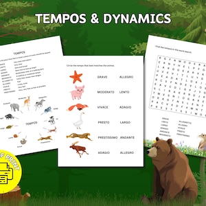 Op de afbeelding: Drie educatieve werkbladen getiteld TEMPOS & DYNAMICS met definities van muzikale tempo's, bijpassende oefeningen met dierenthema's en een woordzoeker. De pagina's bevatten illustraties van verschillende dieren en een geel printerpictogram.