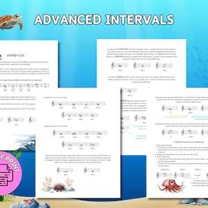 May include: Educational music theory sheets titled ADVANCED INTERVALS featuring musical notation, staff lines, and text explanations. The pages include illustrations of a sea turtle, a bird, a sea urchin, and an octopus on a blue background.