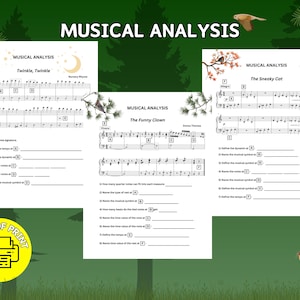 May include: Three sheets of musical analysis worksheets with the titles "Twinkle, Twinkle", "The Funny Clown", and "The Sneaky Cat". The worksheets have musical notes and fill-in-the-blank questions. The image also includes a yellow "Easy PDF Print" icon.