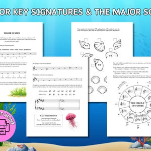 Könnte beinhalten: Musiktheoretische Arbeitsblätter mit dem Titel Major Key Signatures & The Major Scale. Die Seiten enthalten Notenschrift, den Quintenzirkel und Anleitungen zu Ganz- und Halbtonschritten, verziert mit Illustrationen von verschiedenen Meerestieren.