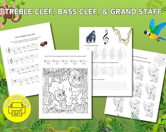 May include: A set of educational music theory worksheets titled TREBLE CLEF, BASS CLEF, & GRAND STAFF. The pages feature black and white illustrations of gorillas and parrots, musical staves, note names, and tracing exercises for music students.