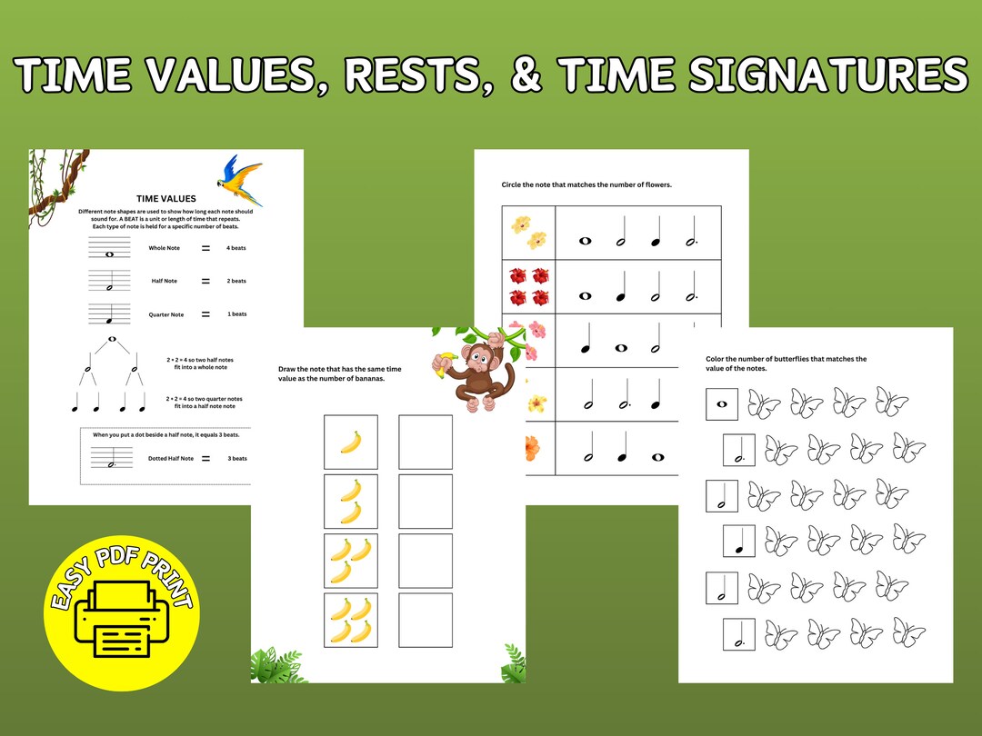 Time Values, Rests, and Time Signatures - PDF Printable - Music Theory ...