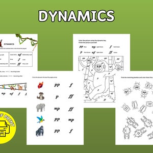 May include: A printable worksheet with jungle animal illustrations and musical dynamics symbols. The worksheet includes a color-by-number activity, a matching activity, and a dynamic scale.