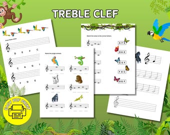 May include: A set of educational music worksheets titled TREBLE CLEF featuring jungle animal illustrations, musical staves, and note-matching exercises. The pages include colorful graphics of parrots, monkeys, butterflies, and gorillas to teach musical notation.
