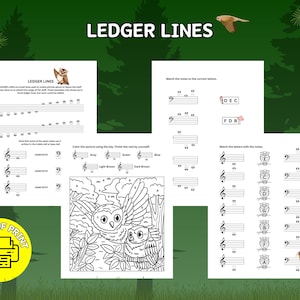 Puede incluir: Un conjunto de hojas de trabajo imprimibles de teoría musical con el título "LEDGER LINES". Las hojas de trabajo incluyen ejercicios sobre identificación de notas, emparejamiento de notas con letras y una página para colorear con búhos. La imagen también incluye un icono amarillo "EASY PDF PRINT".