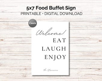 Affiche imprimable Eat Laugh Enjoy 5 x 7 | Panneau de bienvenue pour buffet | Décoration de table alimentaire | Enseigne modifiable pour buffet de fête