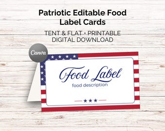 Étiquette de nourriture éditable patriotique, modèle de tente de nourriture du Memorial Day, étiquette de nourriture de table de fête (téléchargement numérique)