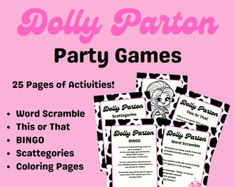 Dolly Parton Party Games Bundle - 25-Page Instant Download with Bingo, Scattegories, Word Scramble & Exclusive Coloring Pages