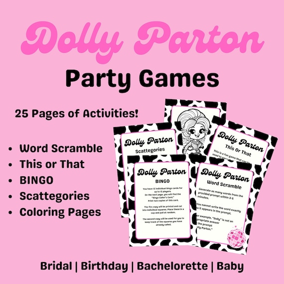 Dolly Parton Party Games Bundle - 25-Page Instant Download with Bingo, Scattegories, Word Scramble & Exclusive Coloring Pages